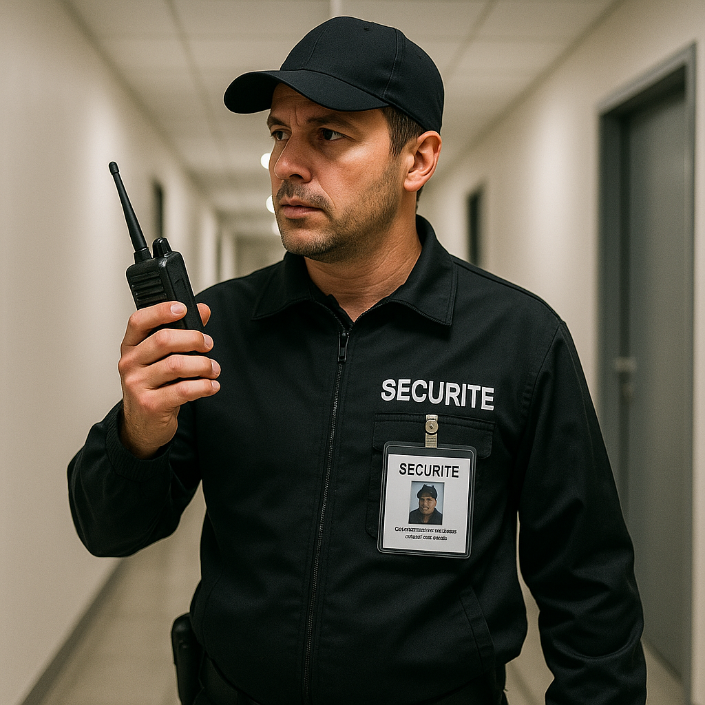Seekguard votre partenaire de recrutement en sécurité privée. Agent de sécurité effectuant une ronde de patrouille avec badge et radio