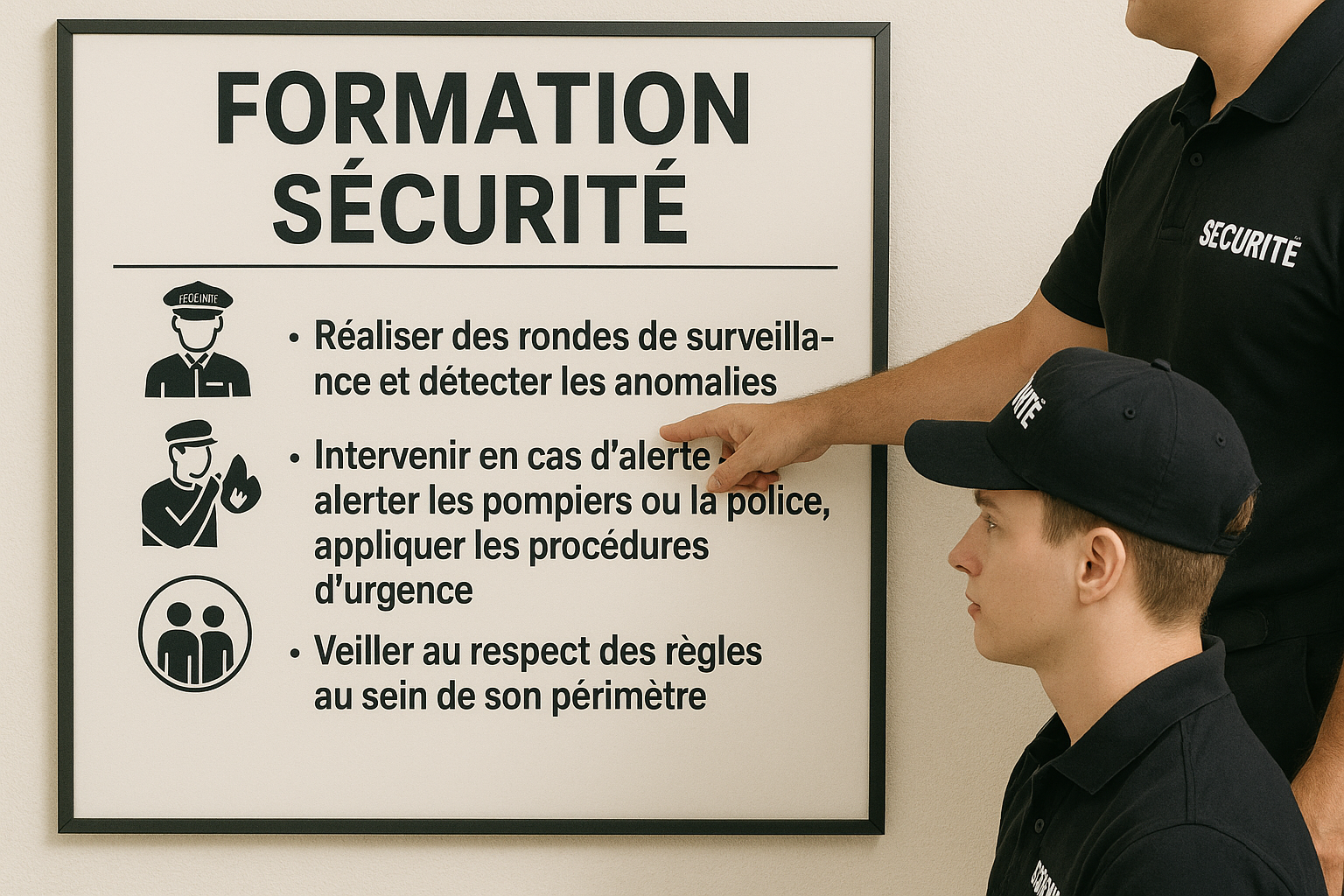 Un jeune agent de sécurité se formant au métier d'agent de sécurité privé. Agent de sécurité en formation
