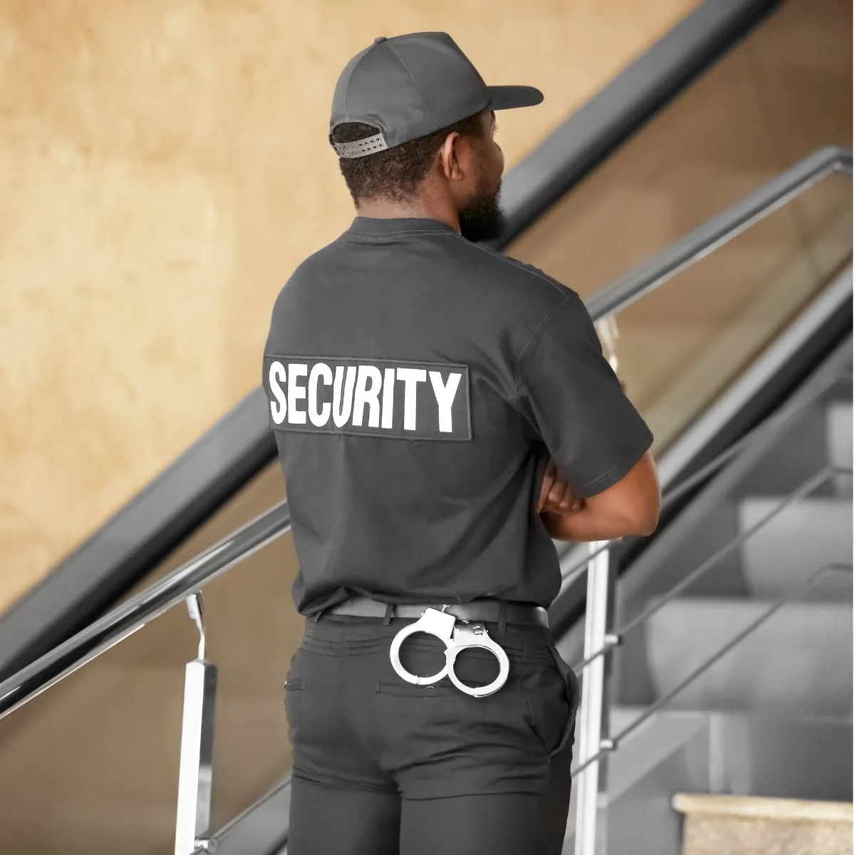 Agent de sécurité en formation effectuant un contrôle d’accès à l’entrée d’un bâtiment. Agent de sécurité en formation.