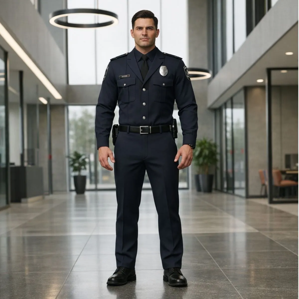 Un agent de sécurité privée en uniforme portant un badge, illustrant les obligations légales d’une entreprise de sécurité privée. Un agent de sécurité privée en uniforme portant un badge.
