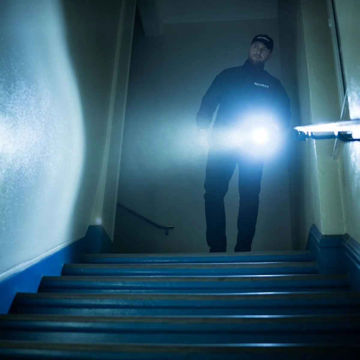 Agent de sécurité de nuit effectuant sa ronde dans la nuit. Agent de sécurité de nuit.